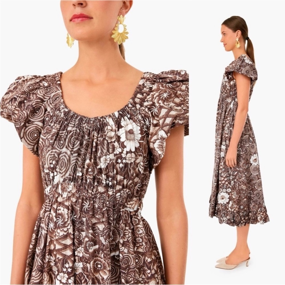 ULLA JOHNSON Nanette‎ Dress in Teak Brown Floral Print Midi Gown Size 6 Poplin